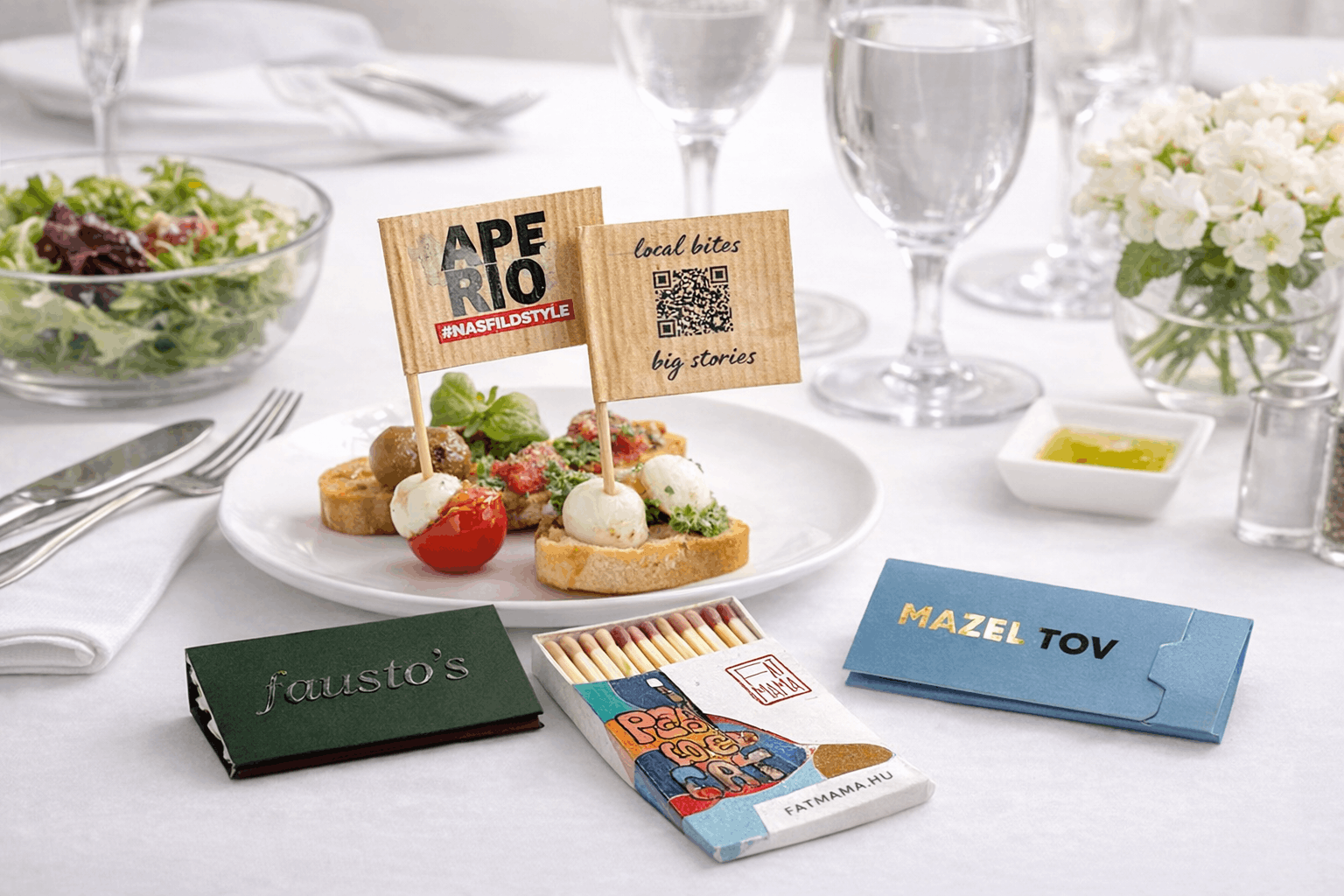 egyedi gyufák, fogpiszkálók és ételzászlók készítése